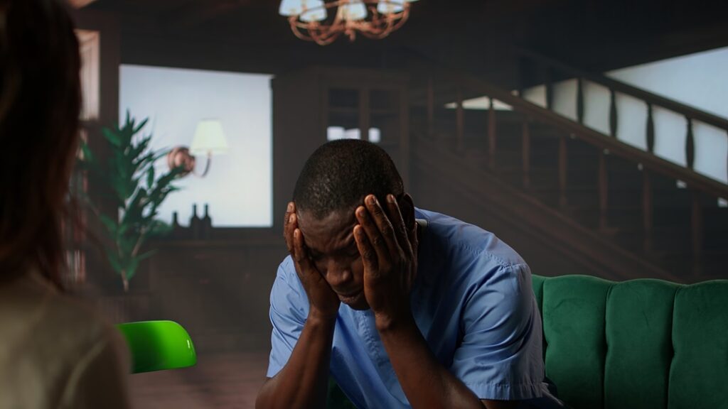nurse experiences emotional stress sitting in a counseling session